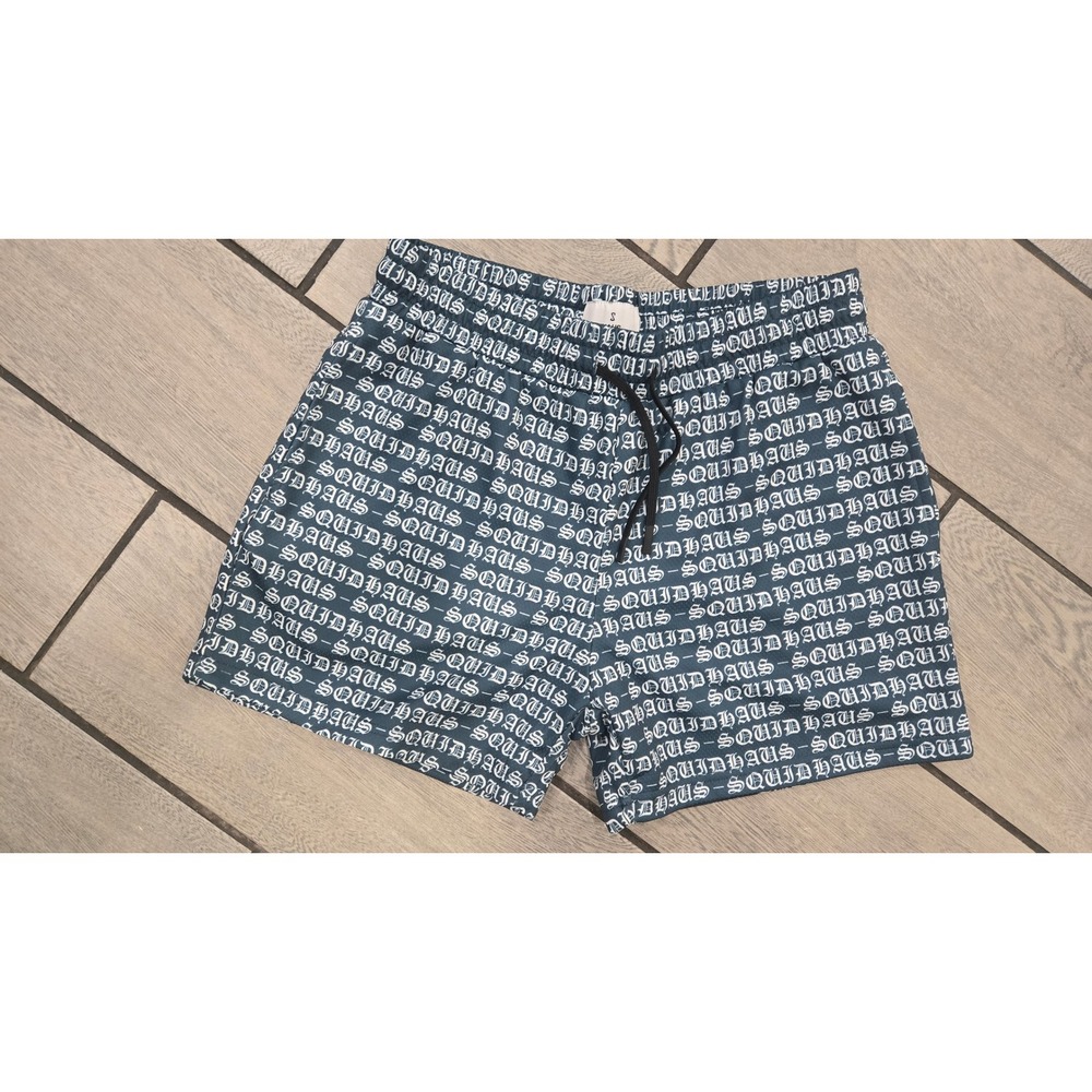 Squidhaus Mens Logo Print Athletic Gym Shorts Navy Blue White Small